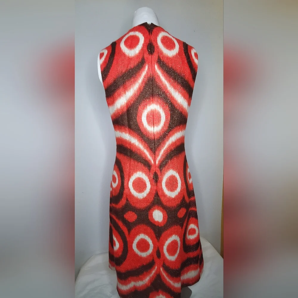 Tory Burch Size 4 Linen Dress Orange/Red Metallic Shimmer and Brown Patterned - Picture 2 of 10